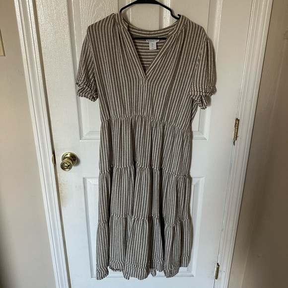 Cynthia Rowley - Beige/White Stripe Linen Midi Short Sleeve Dress - Picture 3 of 5
